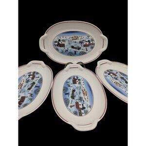 Set of 4 Villeroy & Boch Naif Christmas Village  10" Oval Serving Platters